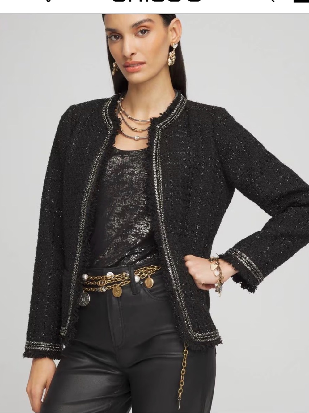 Embellished Black Tweed Open-Front Jacket
